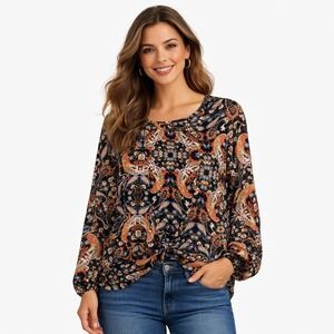 Belle + Sky Womens Medium Paisley Floral Tie Front Long Sleeve Blouse Black Oran